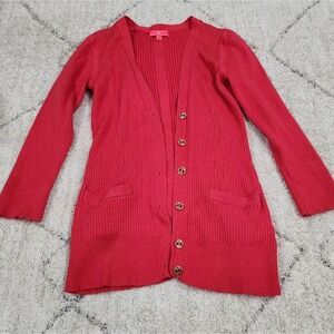 Ivanka Trump Red Ribbed Knit Button Front Cardigan Sweater Small Gold Buttons